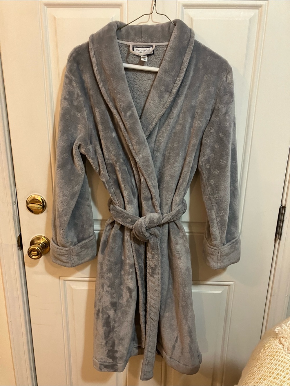 Charter Club Intimates Plush Long Sleeve Wrap Robe Gray Dot-Medium